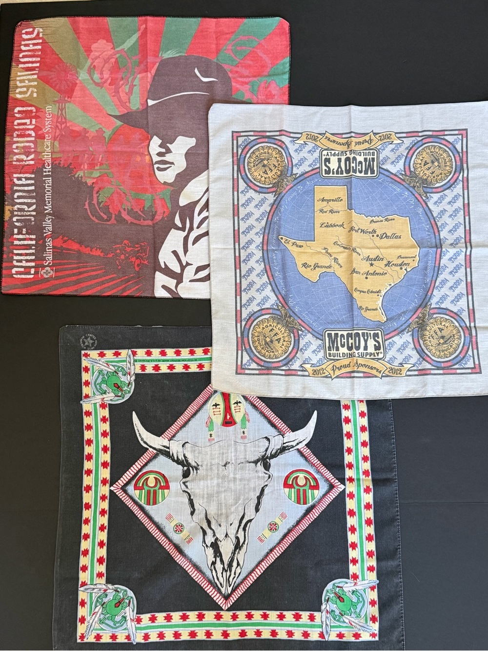 3 Vintage Bandana Texas Longhorn Skull Southwest Cotton USA Western Cowboy Biker